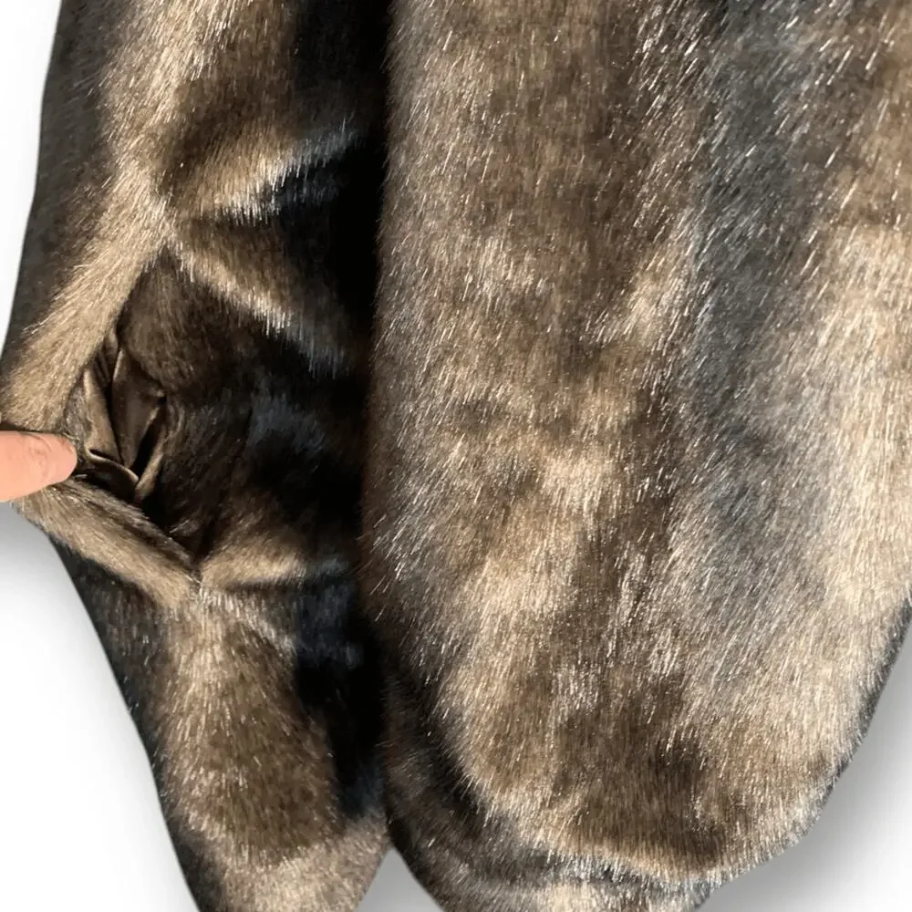 Vintage Reversible Brown Faux Fur Coat Satin Lining‎ Button Front Large Winter
